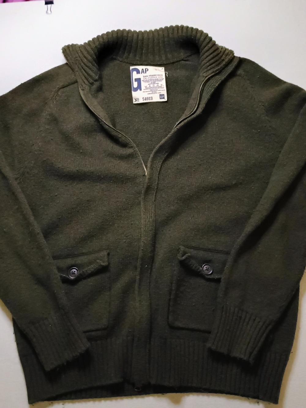 GAP Men's Olive Green Zip Cardigan with Button Pockets
